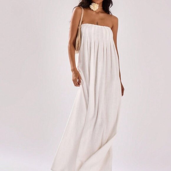 Dresses & Skirts - White Casual Women's Bandeau Loose Fit Pleated Maxi Dress Vacation